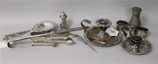 A Thai embossed white metal tea strainer, a silver-handled steel, sundry plated items etc